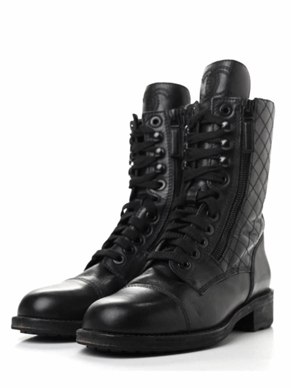 CHANEL Brand New Women’s Black Quilted Leather Lace-Up Combat Boots